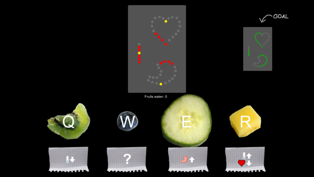 The final digital prototype. When the apron/fork is attached, the upper middle display vanishes. Currently 3 hints what the fruits do are shown - in a harder mode, there would be less or even no hints.